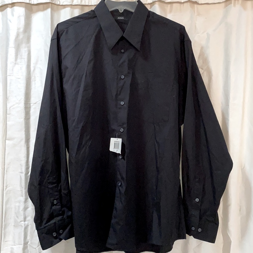 ALFANI Fitted Solid Black Button Down Dress Shirt